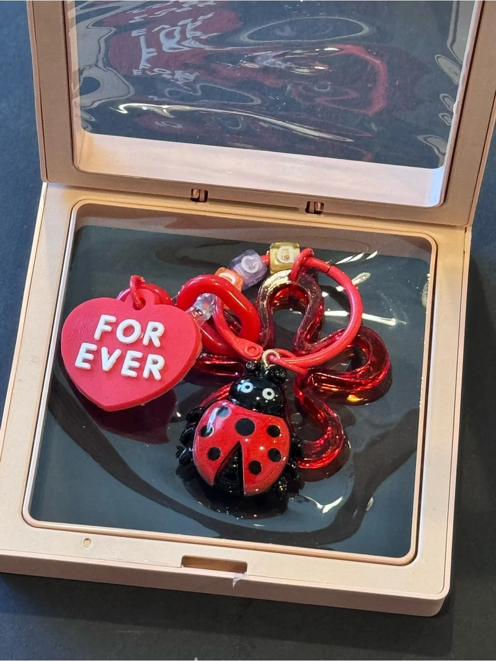 Red Ladybug Heart Charm Keychain for Kids - Playful Bag Accessory in Shadow Box
